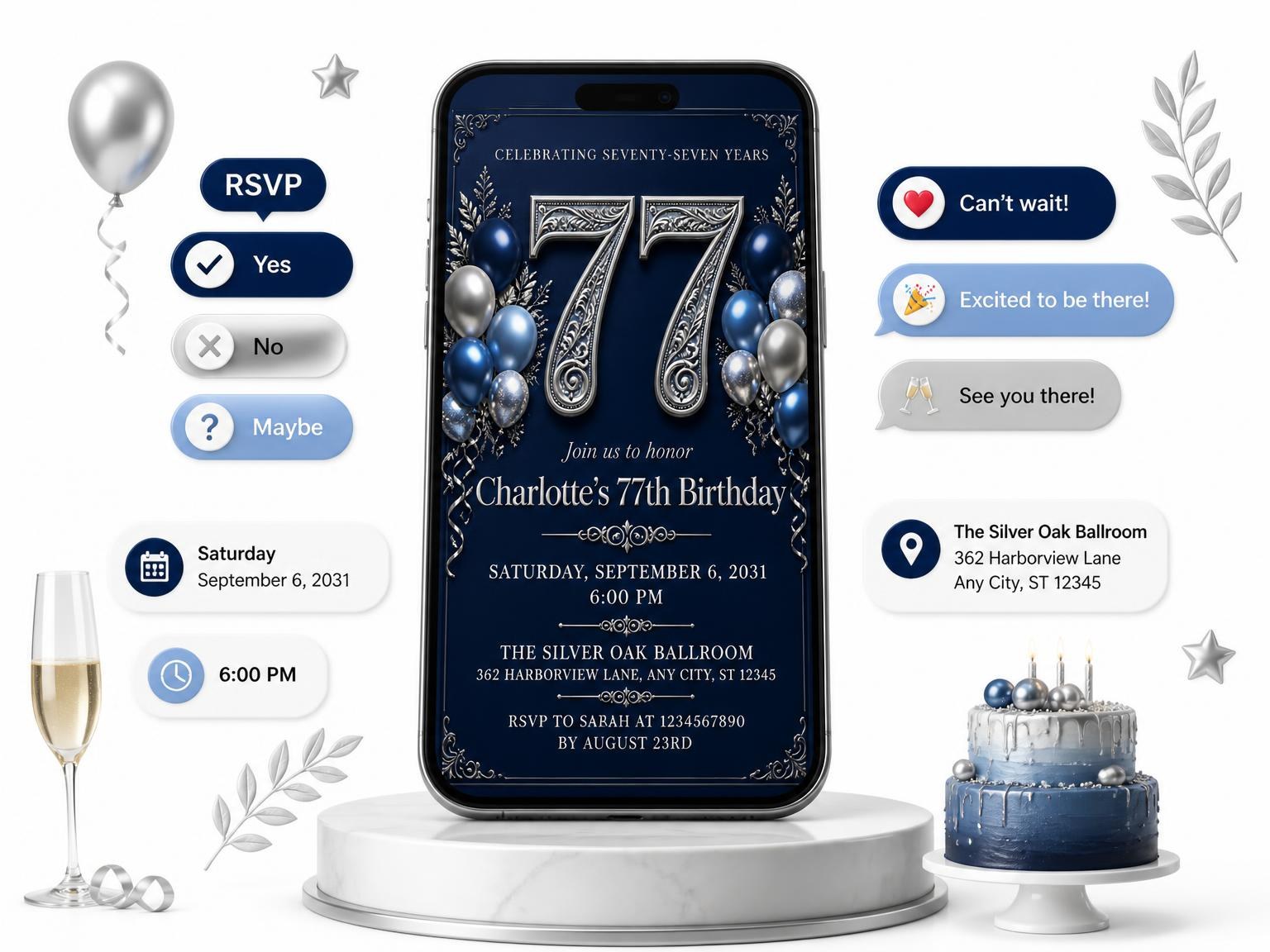The Navy and Silver 77th Birthday Invitation invitation on a phone, with guest RSVPs arriving around it
