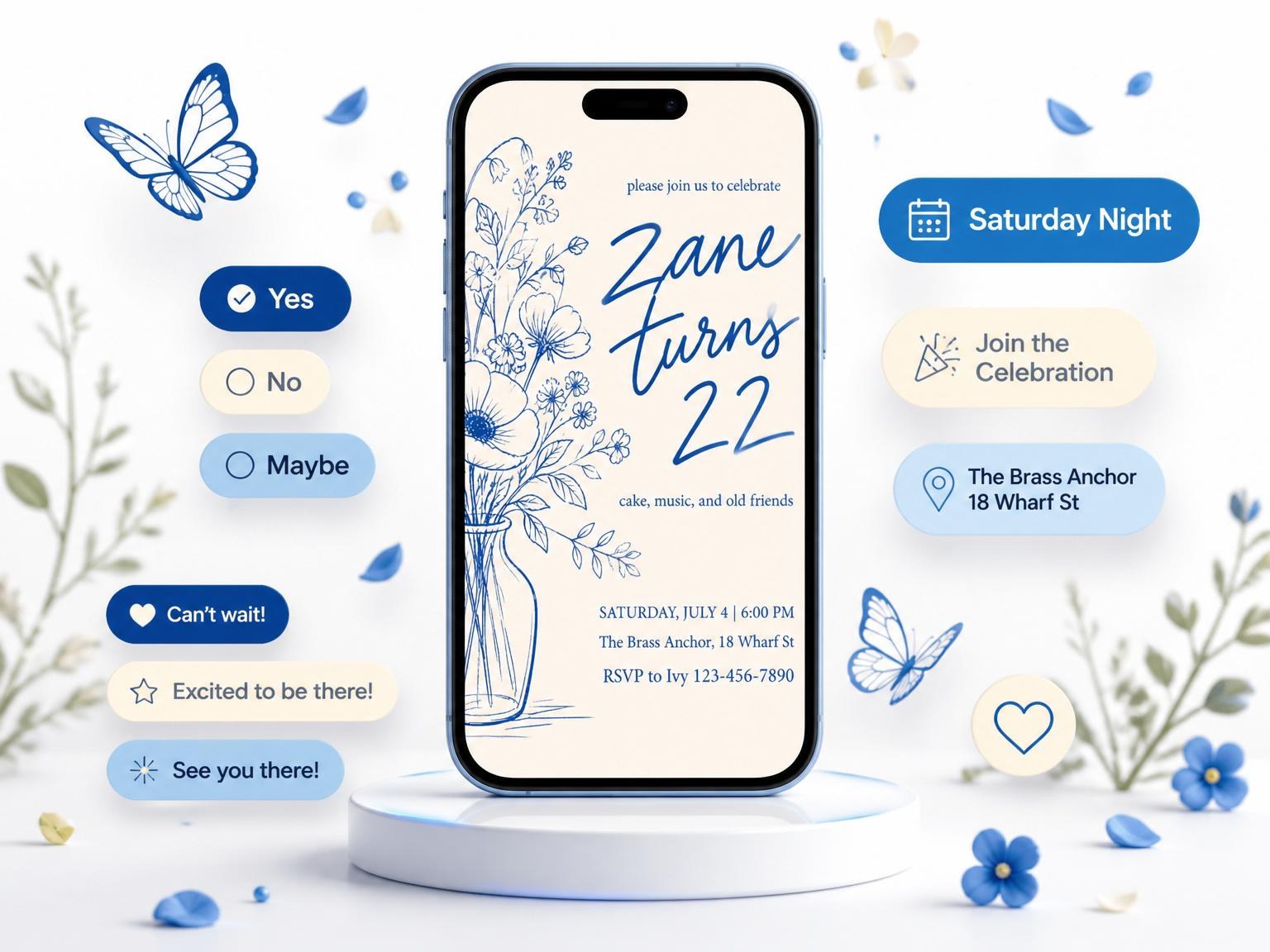 The Blue Botanical Line-Art 22nd Birthday Invitation invitation on a phone, with guest RSVPs arriving around it