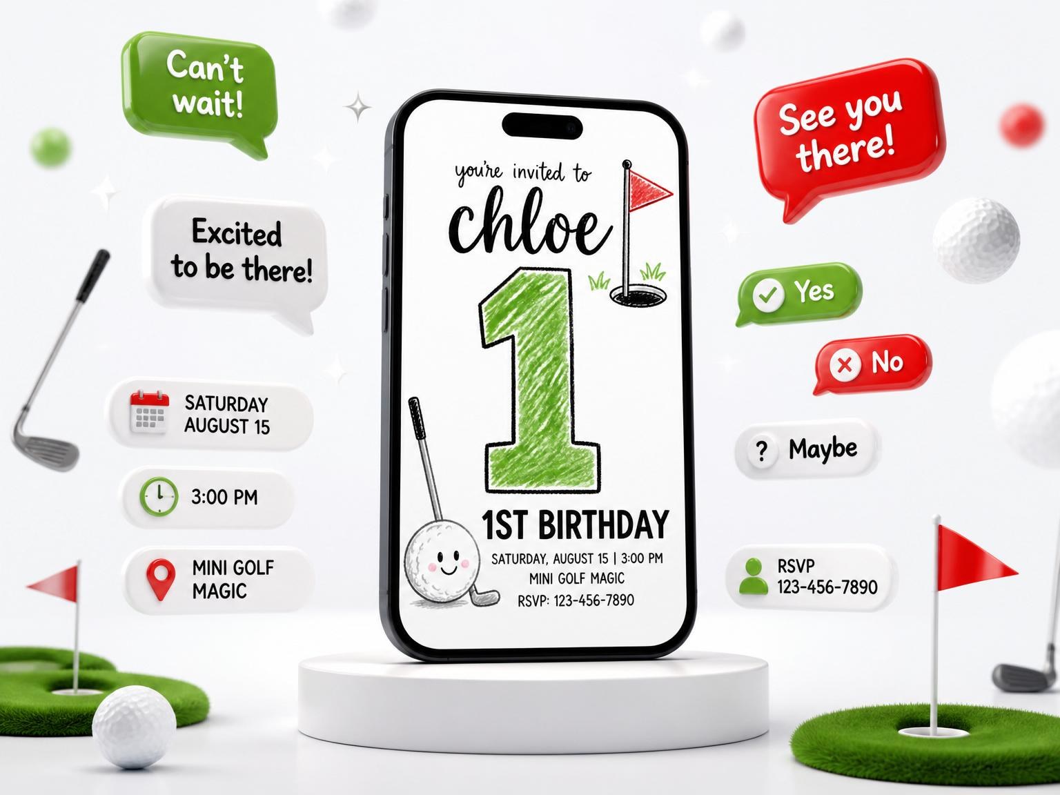 The Crayon Style Golf 1st Birthday invitation on a phone, with guest RSVPs arriving around it