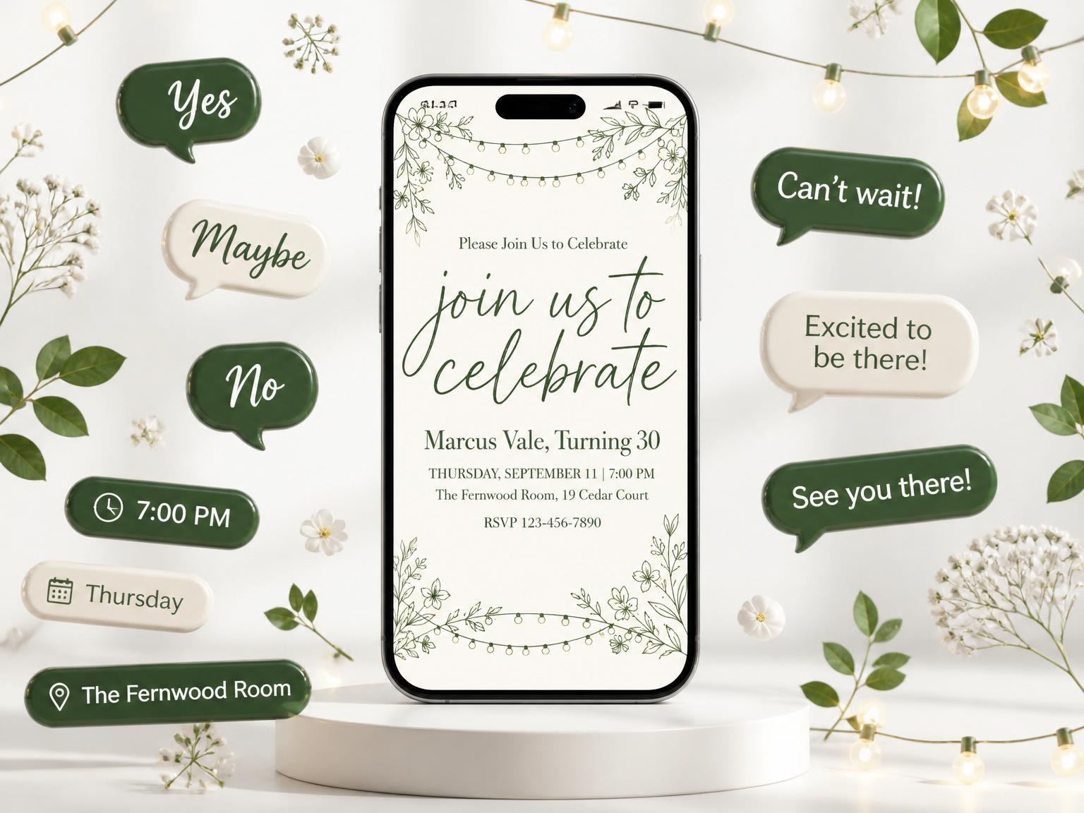 The Green Line Art Botanical 30th Birthday invitation on a phone, with guest RSVPs arriving around it
