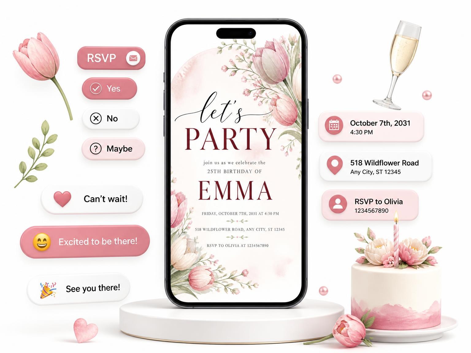 The Tulip Bouquet Blush 25th Birthday Invitation invitation on a phone, with guest RSVPs arriving around it