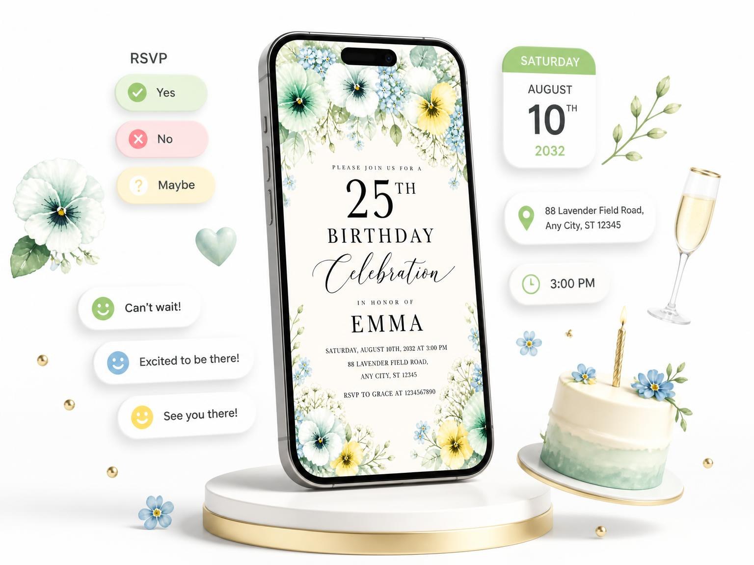 The Mint Pansy Botanical 25th Birthday Invitation invitation on a phone, with guest RSVPs arriving around it