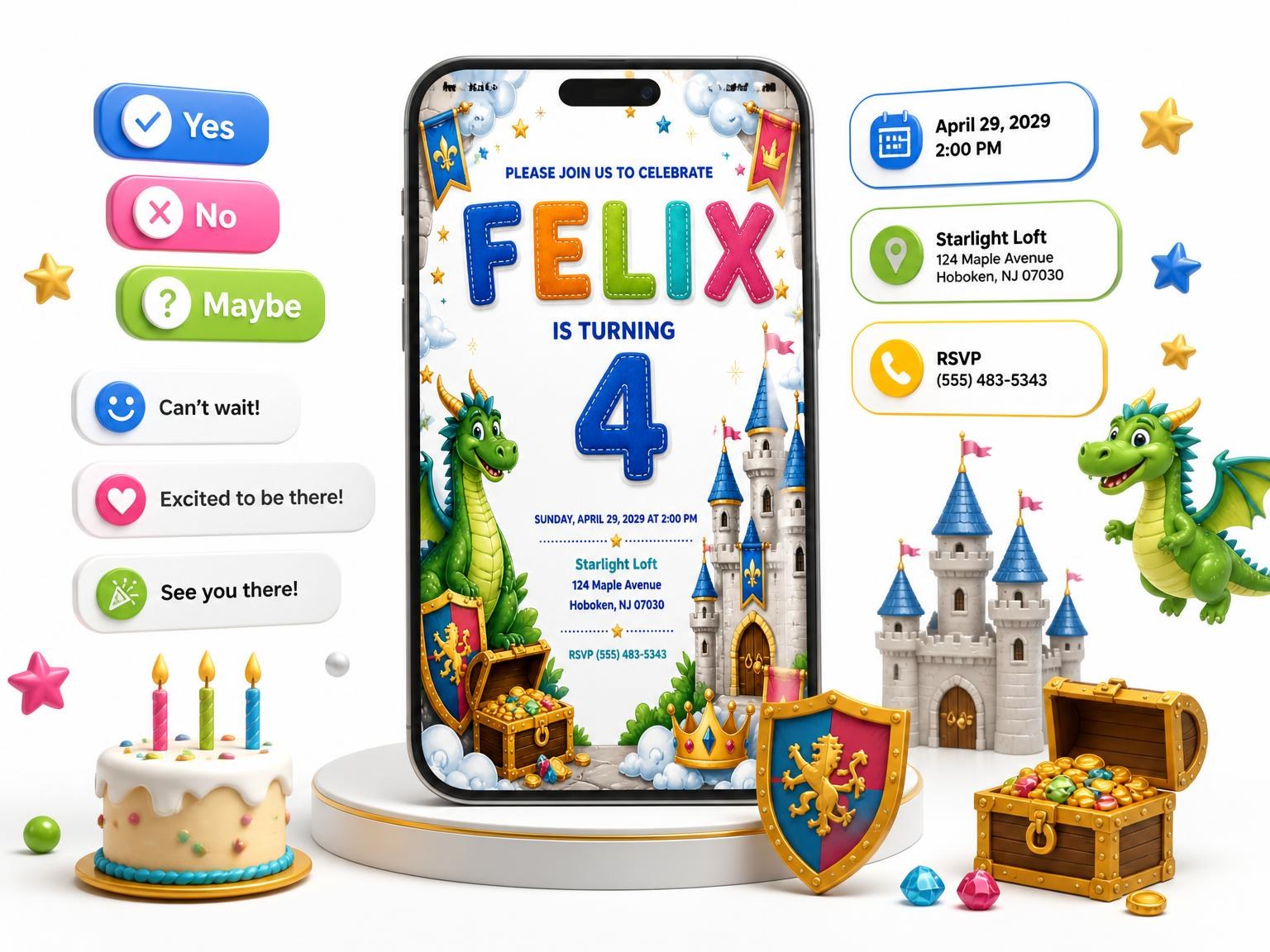 The Stitched Dragon Castle 4th Birthday Invitation invitation on a phone, with guest RSVPs arriving around it