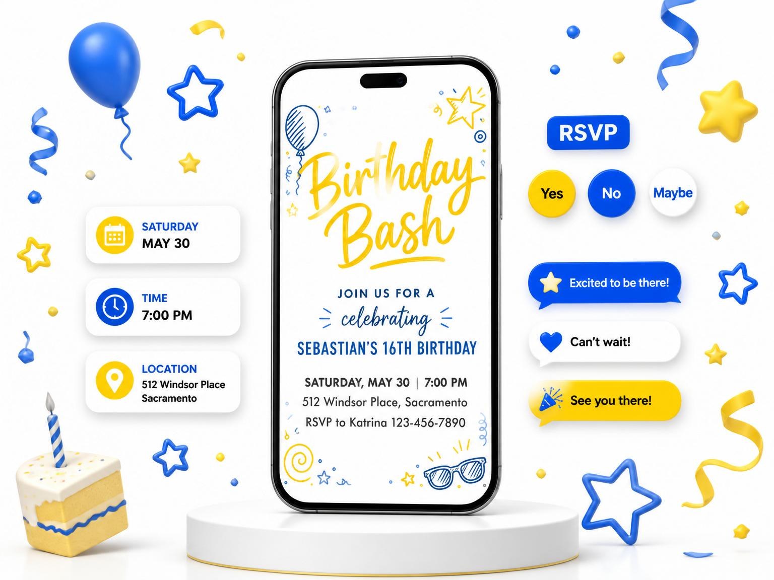 The Navy and Mustard Doodle 16th Birthday invitation on a phone, with guest RSVPs arriving around it