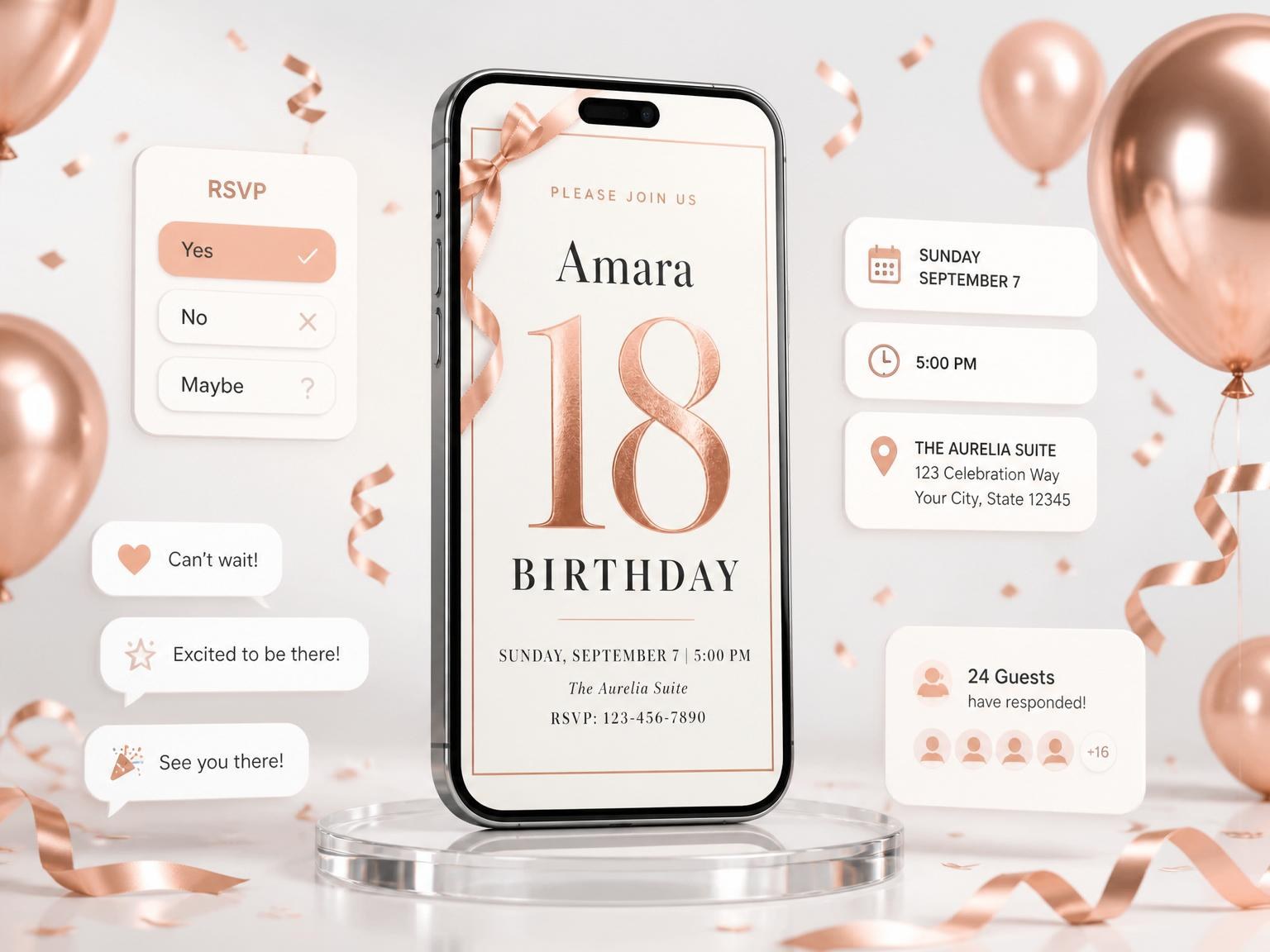 The Rose Gold Ribbon 18th Birthday invitation on a phone, with guest RSVPs arriving around it