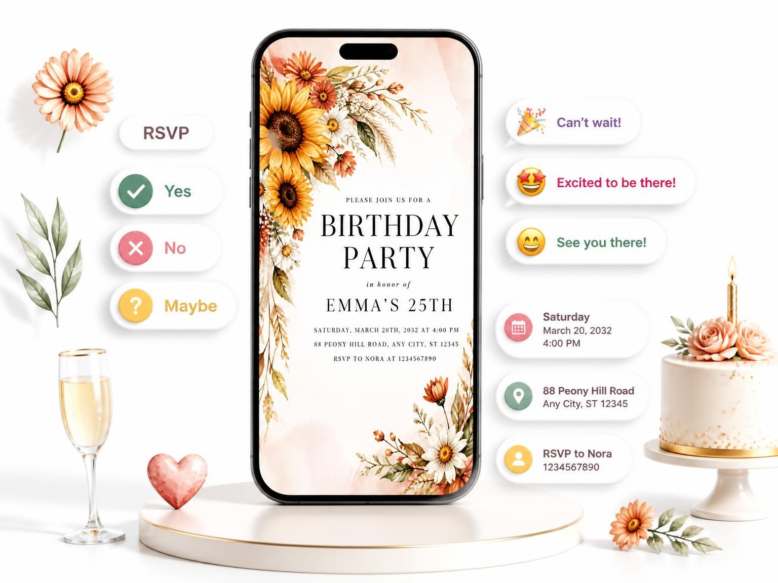 The Wildflower Bouquet 25th Birthday Invitation invitation on a phone, with guest RSVPs arriving around it