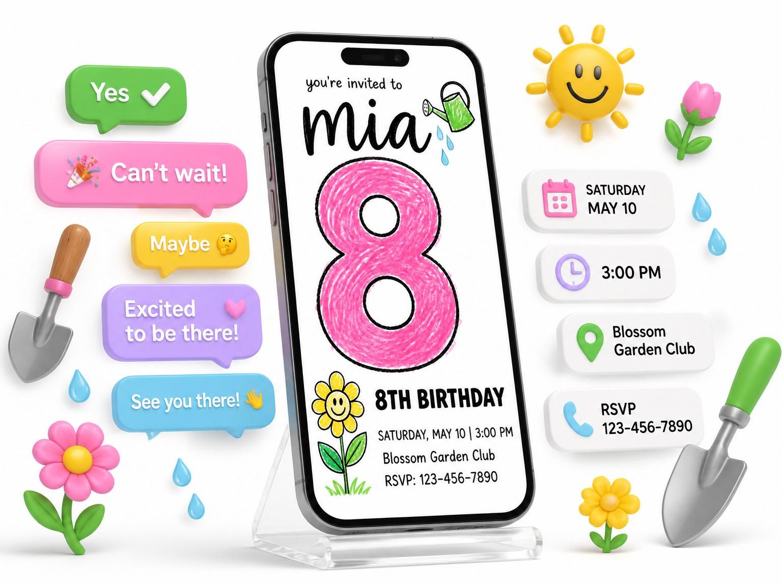 The Crayon Garden Motif 8th Birthday invitation on a phone, with guest RSVPs arriving around it
