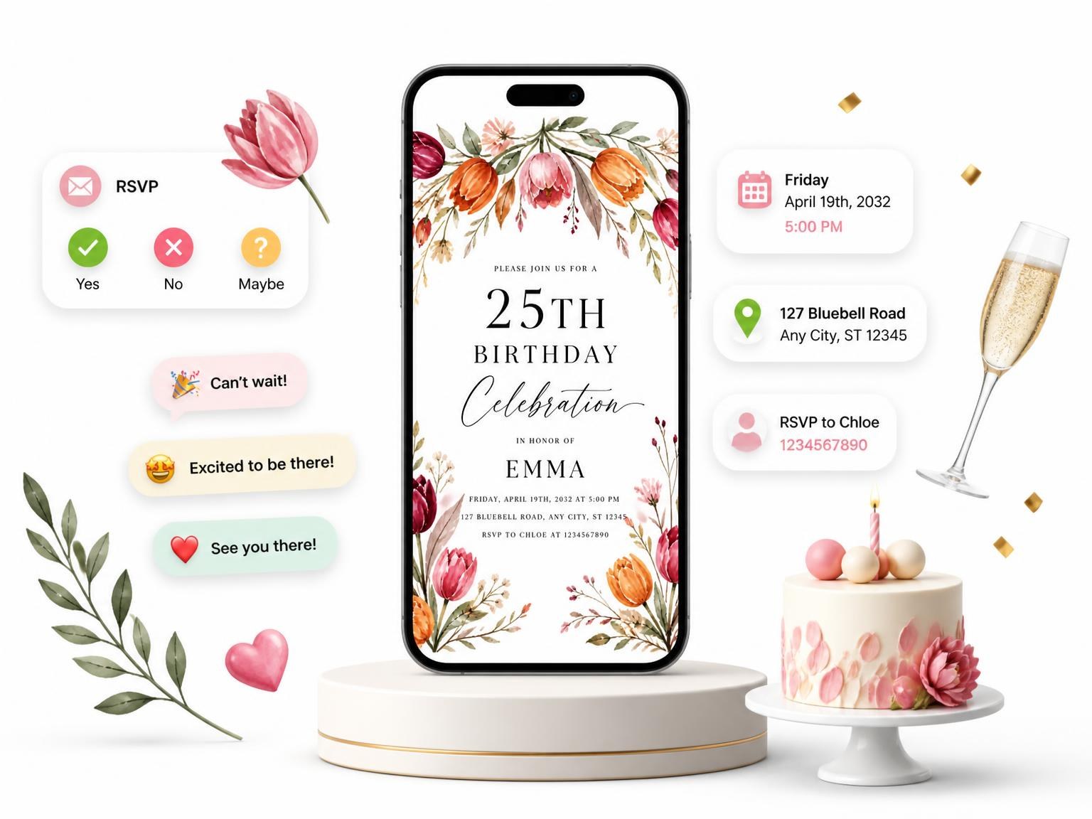 The Tulip Botanical Autumn 25th Birthday Invitation invitation on a phone, with guest RSVPs arriving around it
