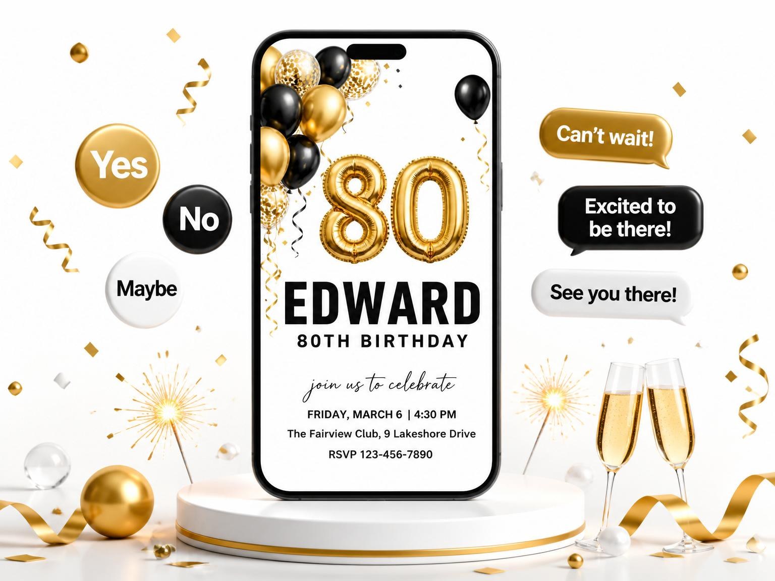 The Gold Black Balloon 80th Birthday invitation on a phone, with guest RSVPs arriving around it
