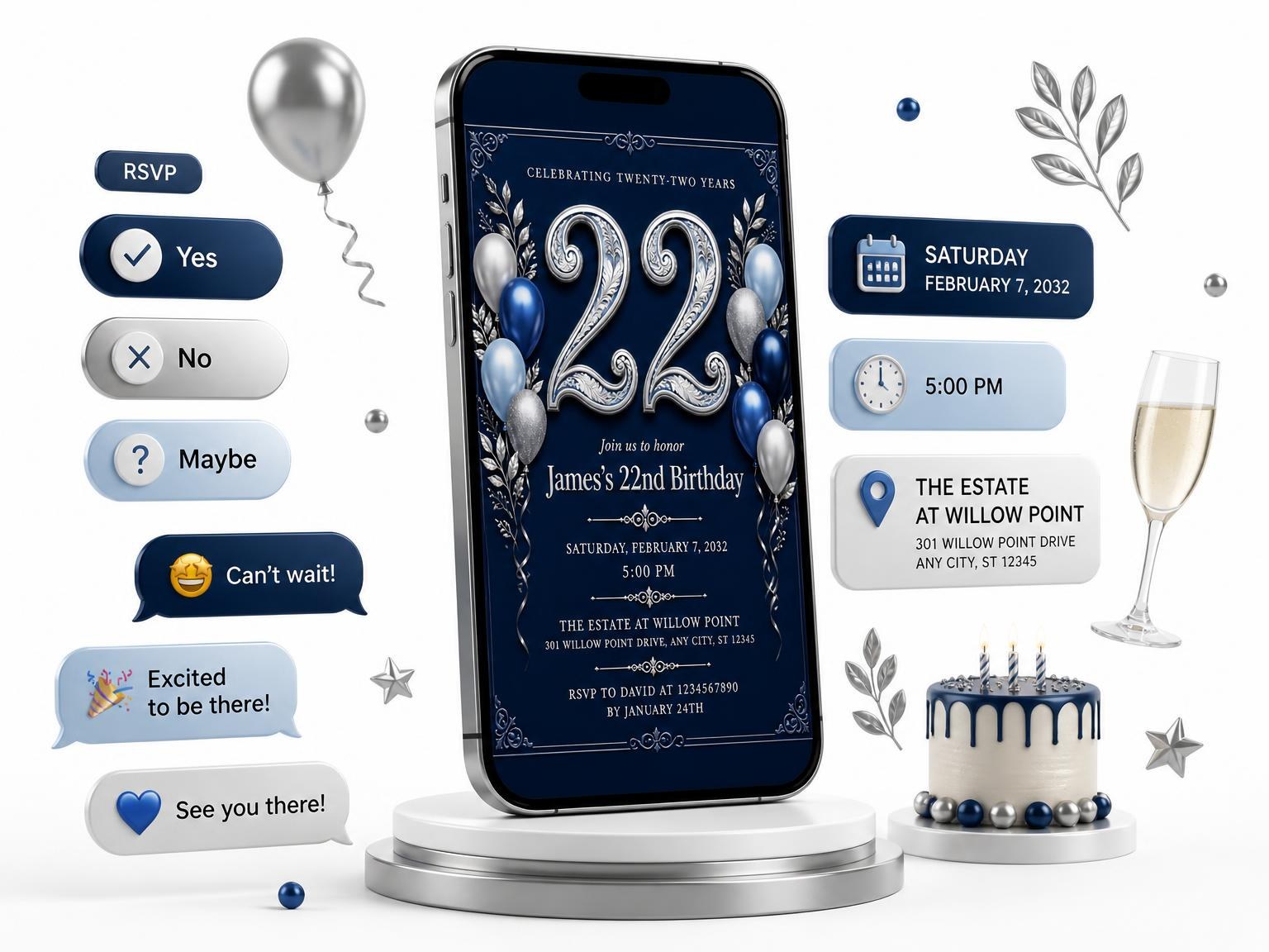 The Navy and Silver 22nd Birthday Invitation invitation on a phone, with guest RSVPs arriving around it
