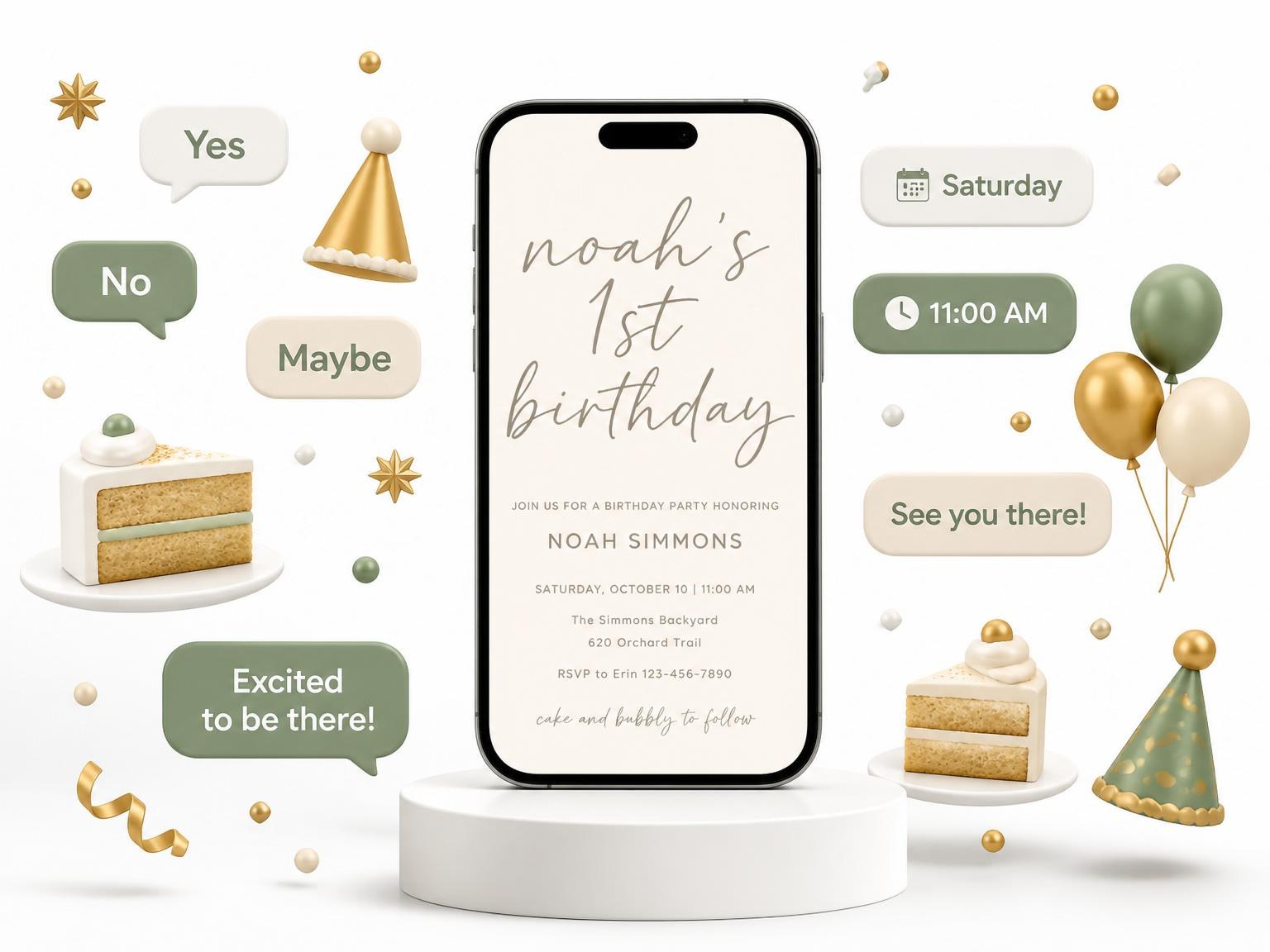The Taupe Script Minimalist 1st Birthday invitation on a phone, with guest RSVPs arriving around it