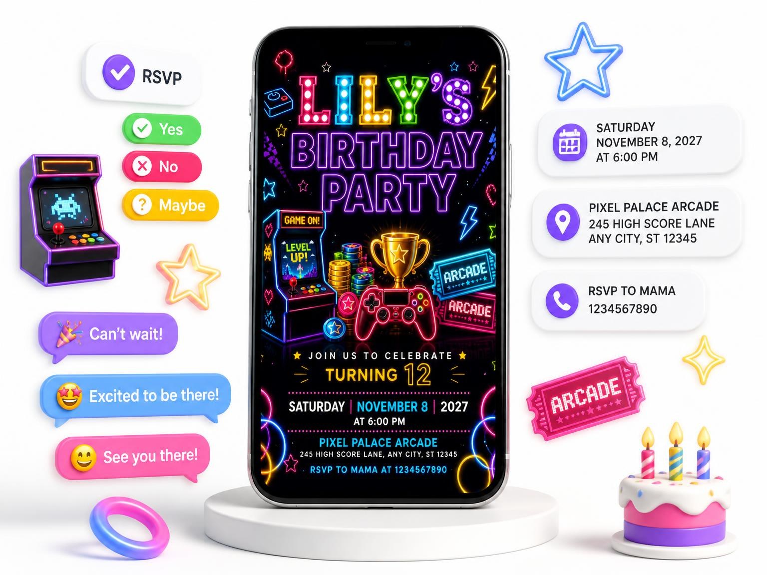 The Neon Arcade 12th Birthday Invitation invitation on a phone, with guest RSVPs arriving around it