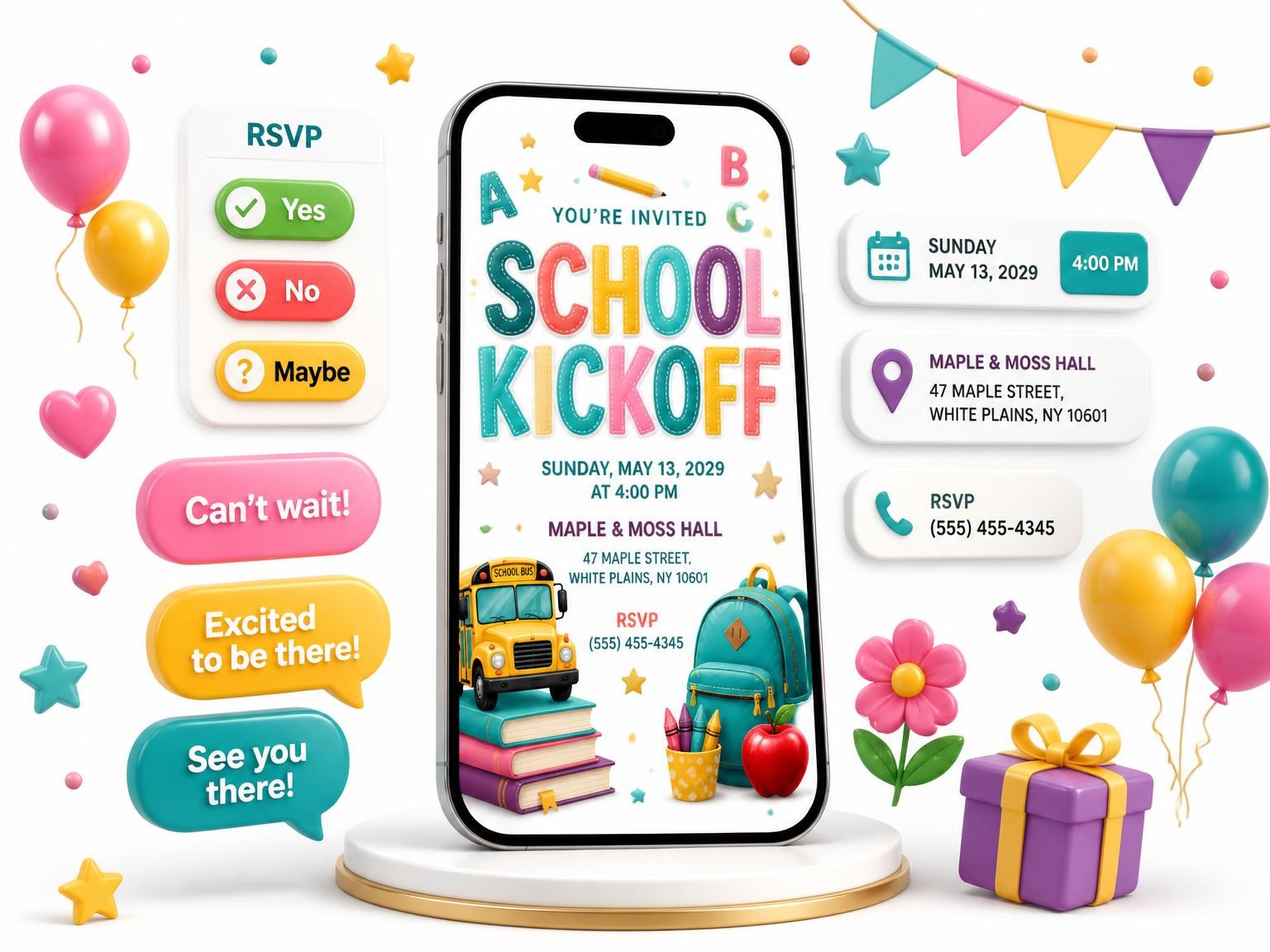 The Yellow School Bus Kickoff Invitation invitation on a phone, with guest RSVPs arriving around it