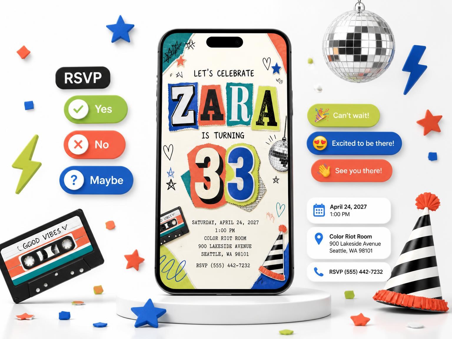 The Retro Paper Collage 33rd Birthday Invitation invitation on a phone, with guest RSVPs arriving around it