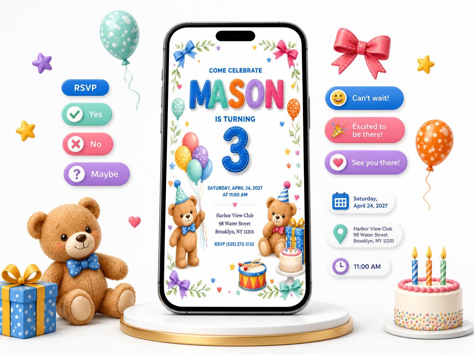 The Stitched Teddy Bear 3rd Birthday Invitation invitation on a phone, with guest RSVPs arriving around it