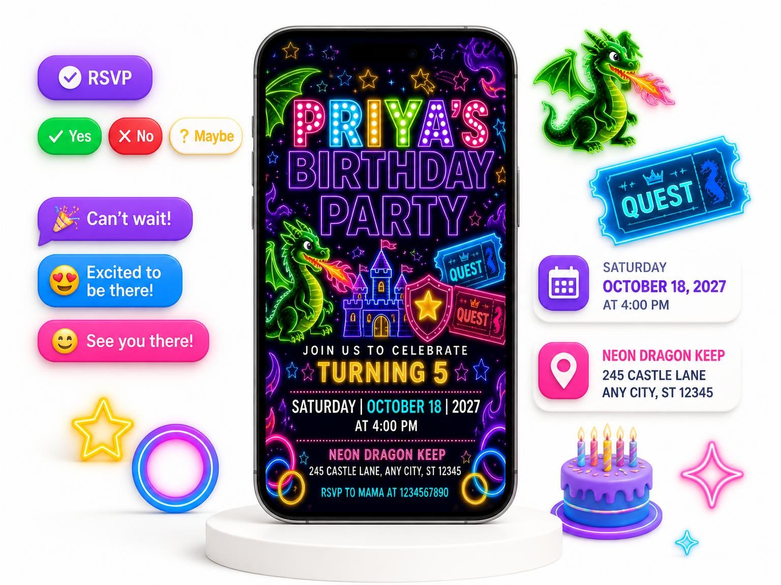 The Neon Dragon 5th Birthday Invitation invitation on a phone, with guest RSVPs arriving around it