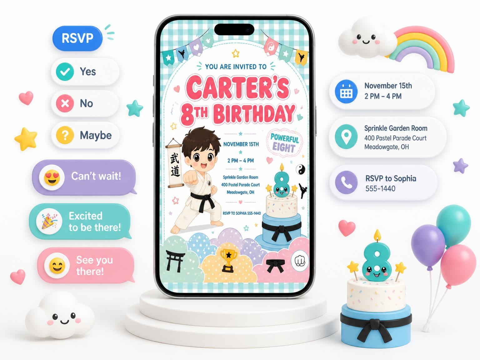 The Karate Kawaii Pastel 8th Birthday Invitation invitation on a phone, with guest RSVPs arriving around it