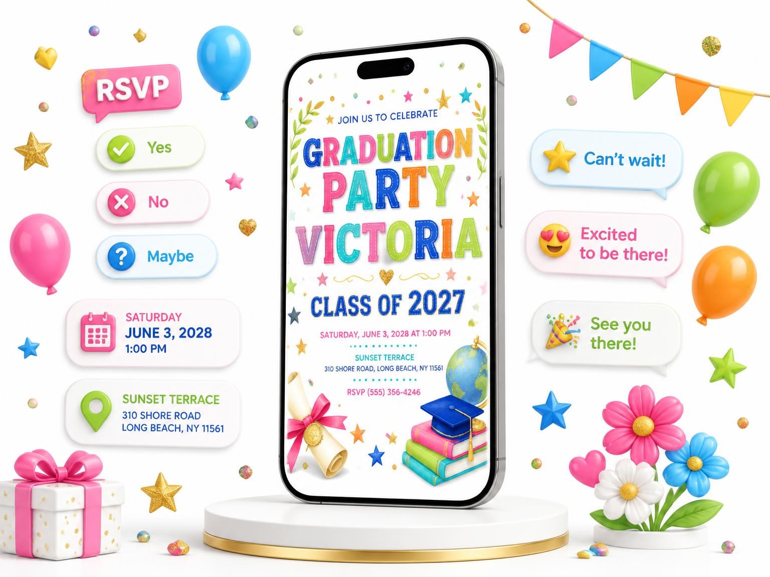 The Diploma Scroll Graduation Party Invitation invitation on a phone, with guest RSVPs arriving around it