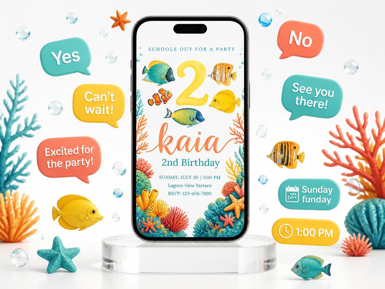 The Watercolor Tropical Fish 2nd Birthday invitation on a phone, with guest RSVPs arriving around it
