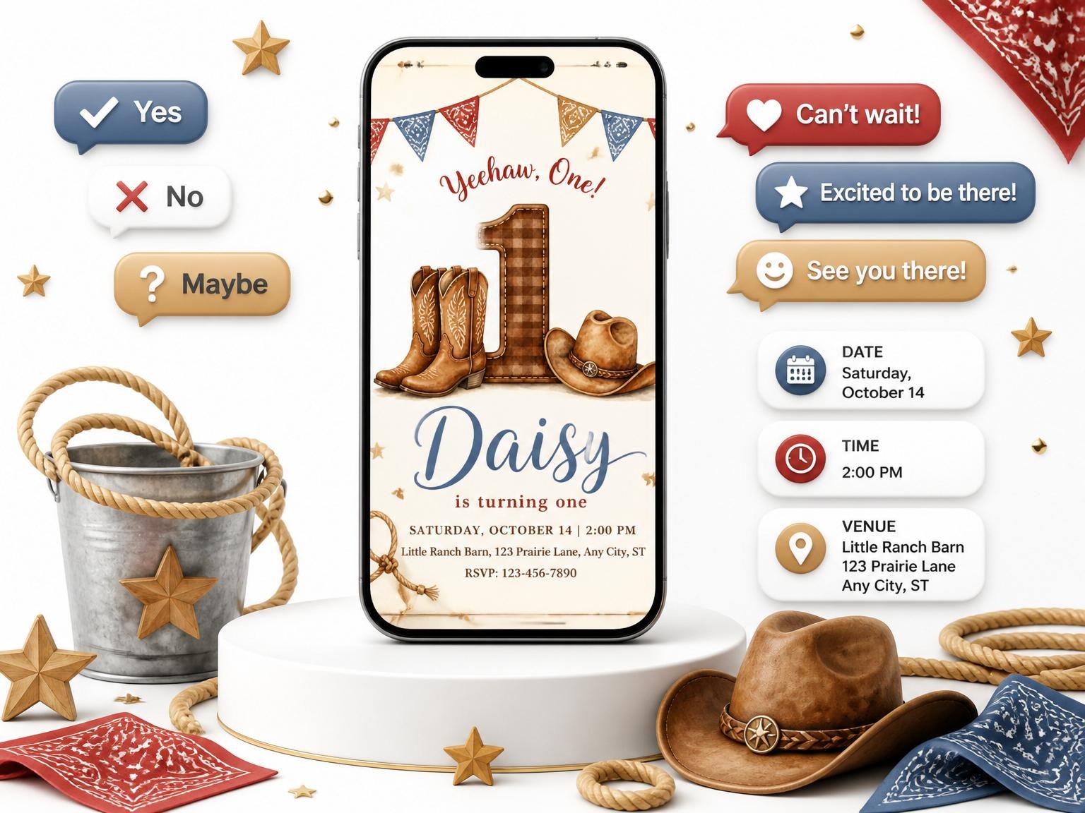 The Watercolor Plaid Cowboy 1st Birthday invitation on a phone, with guest RSVPs arriving around it