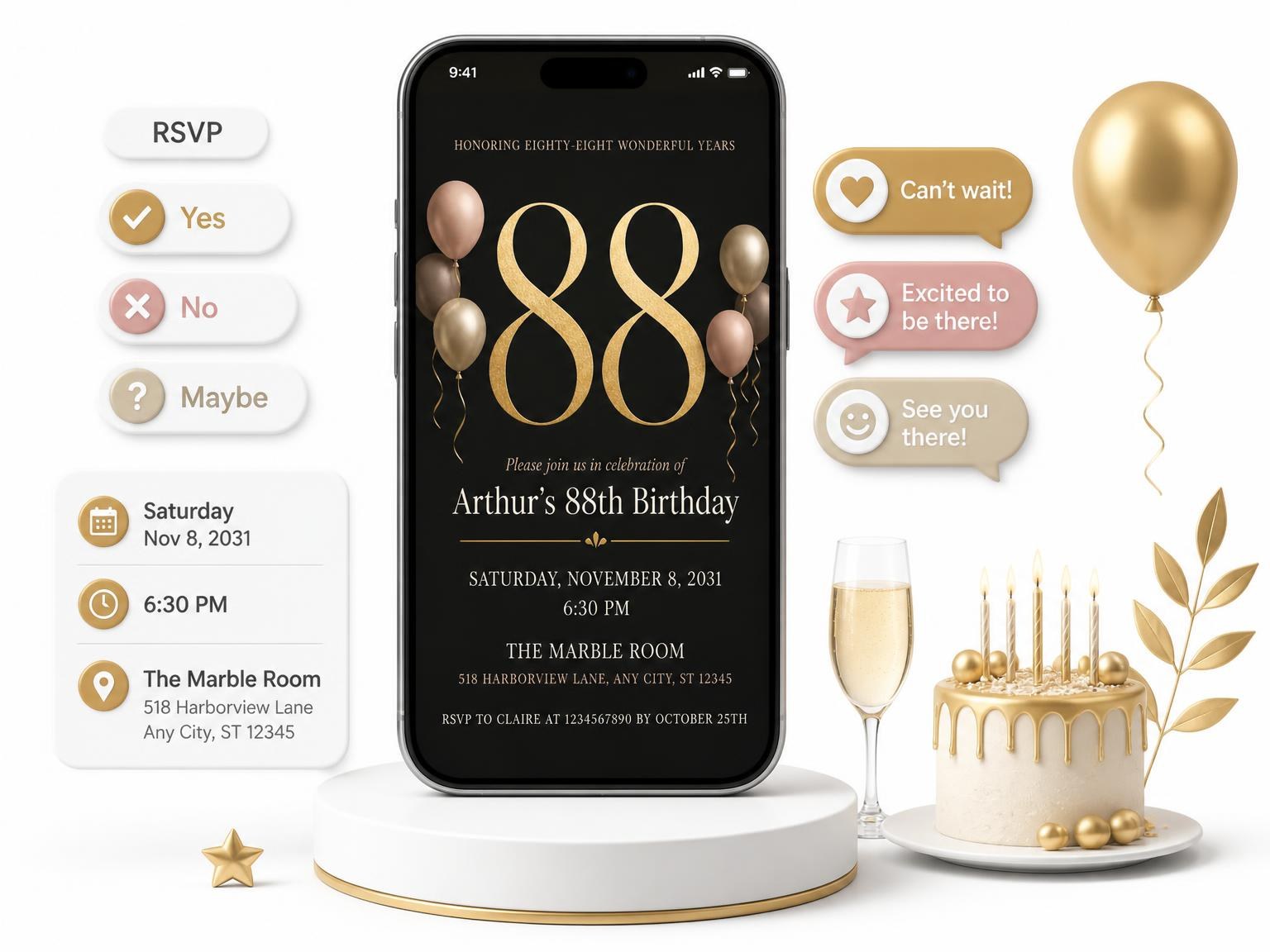 The Charcoal and Blush 88th Birthday Invitation invitation on a phone, with guest RSVPs arriving around it