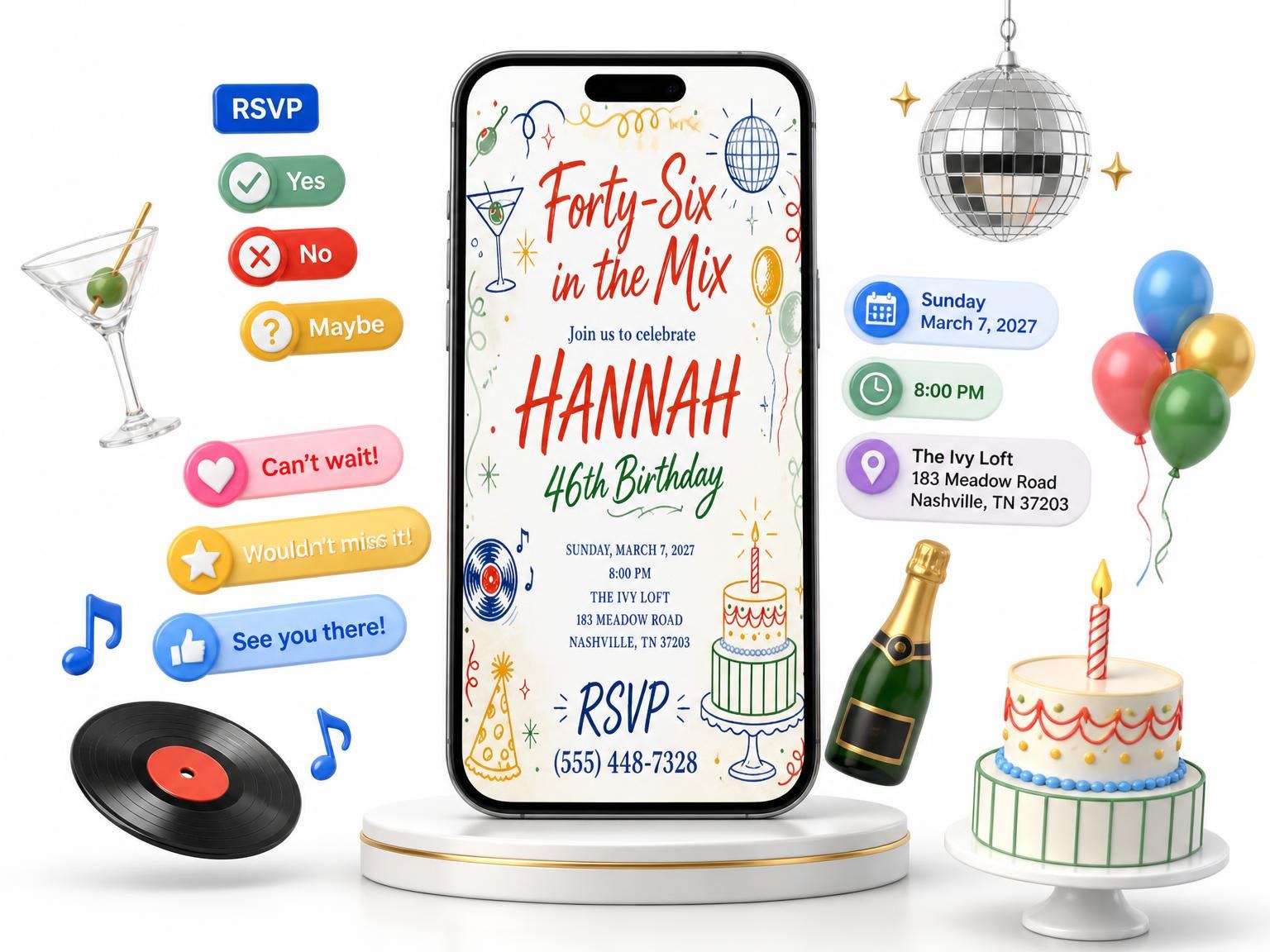 The Retro Doodle 46th Birthday Invitation invitation on a phone, with guest RSVPs arriving around it