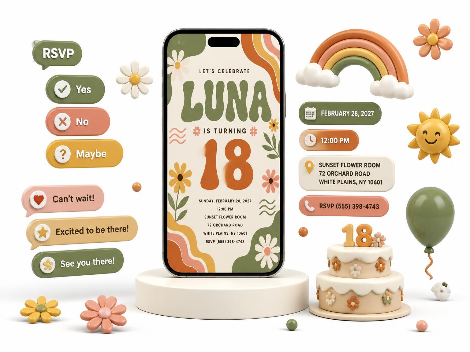 The Groovy Retro 18th Birthday Invitation invitation on a phone, with guest RSVPs arriving around it