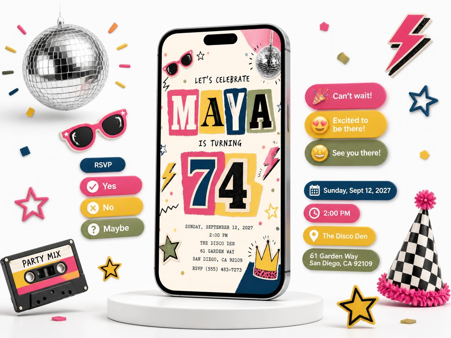 The Retro Paper Collage 74th Birthday Invitation invitation on a phone, with guest RSVPs arriving around it