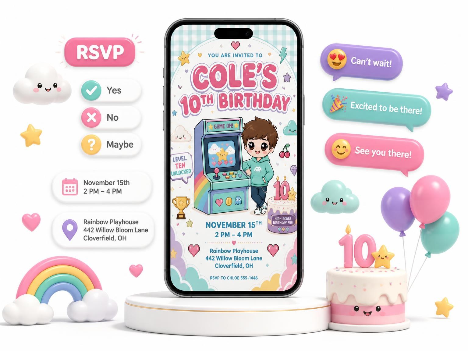 The Kawaii Arcade 10th Birthday Invitation invitation on a phone, with guest RSVPs arriving around it