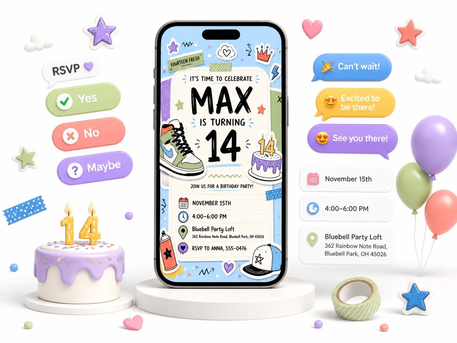 The Sneaker Pastel 14th Birthday Invitation invitation on a phone, with guest RSVPs arriving around it