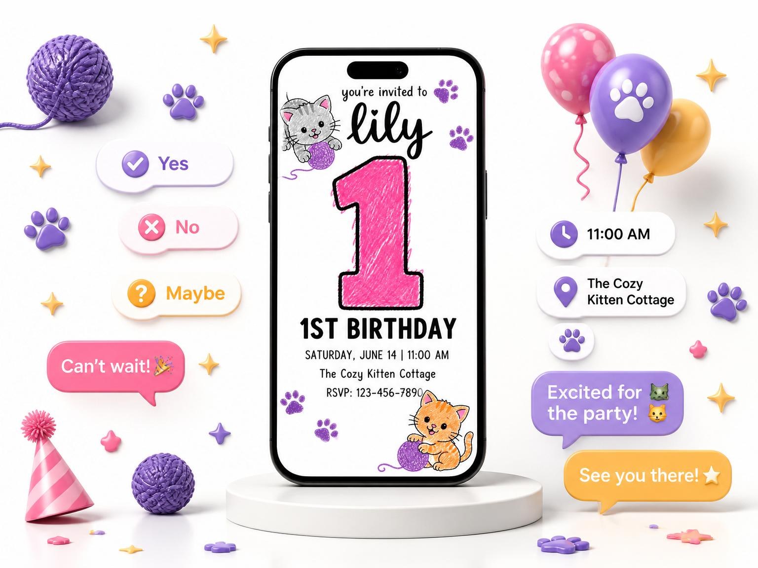 The Sketch Kitten Pink Numeral 1st Birthday invitation on a phone, with guest RSVPs arriving around it