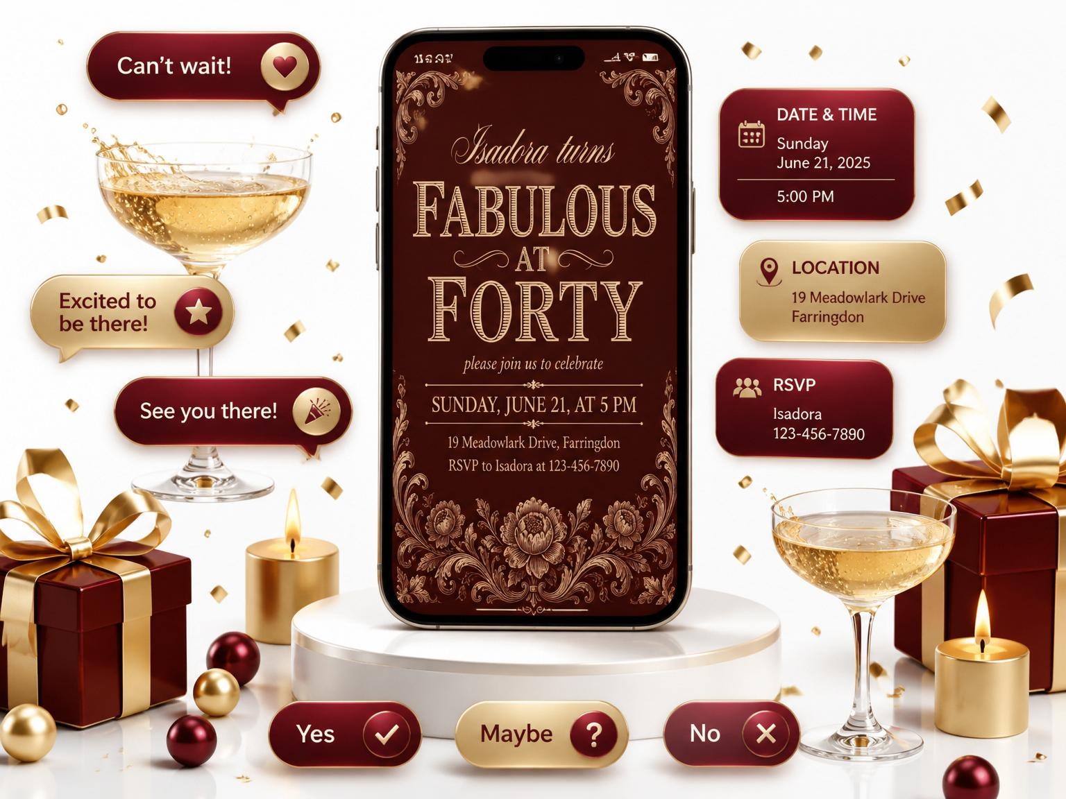 The Burgundy Copper Floral 40th Birthday Invitation invitation on a phone, with guest RSVPs arriving around it