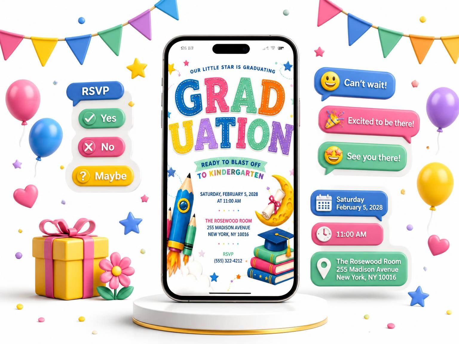 The Rocket Ship Kindergarten Graduation Invitation invitation on a phone, with guest RSVPs arriving around it