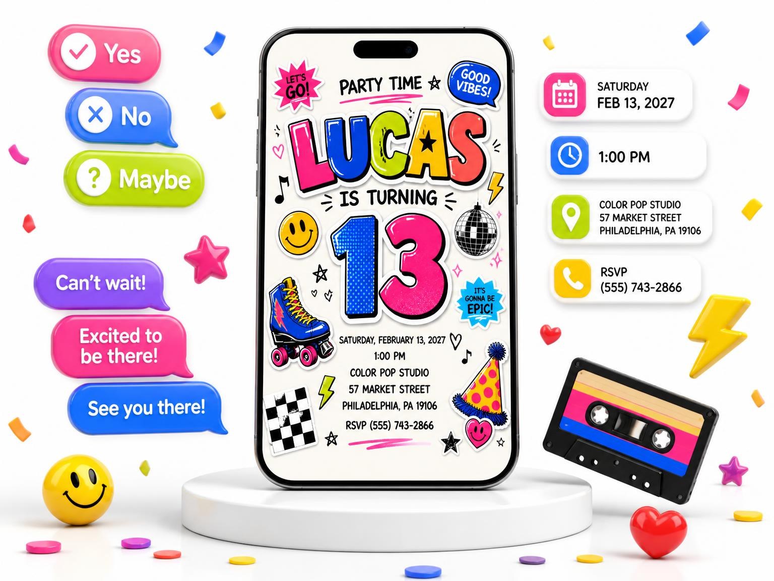 The Sticker Pop 13th Birthday Invitation invitation on a phone, with guest RSVPs arriving around it