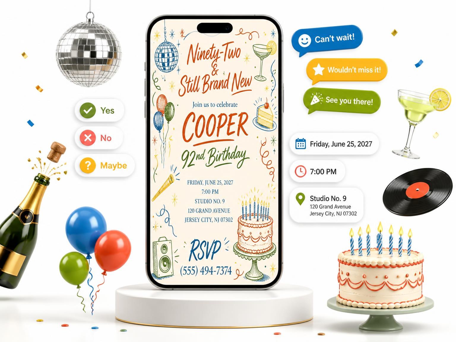 The Retro Doodle 92nd Birthday Invitation invitation on a phone, with guest RSVPs arriving around it