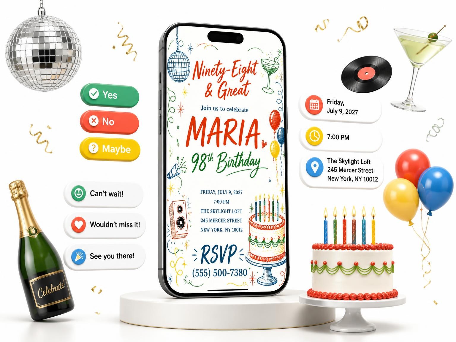The Retro Doodle 98th Birthday Invitation invitation on a phone, with guest RSVPs arriving around it