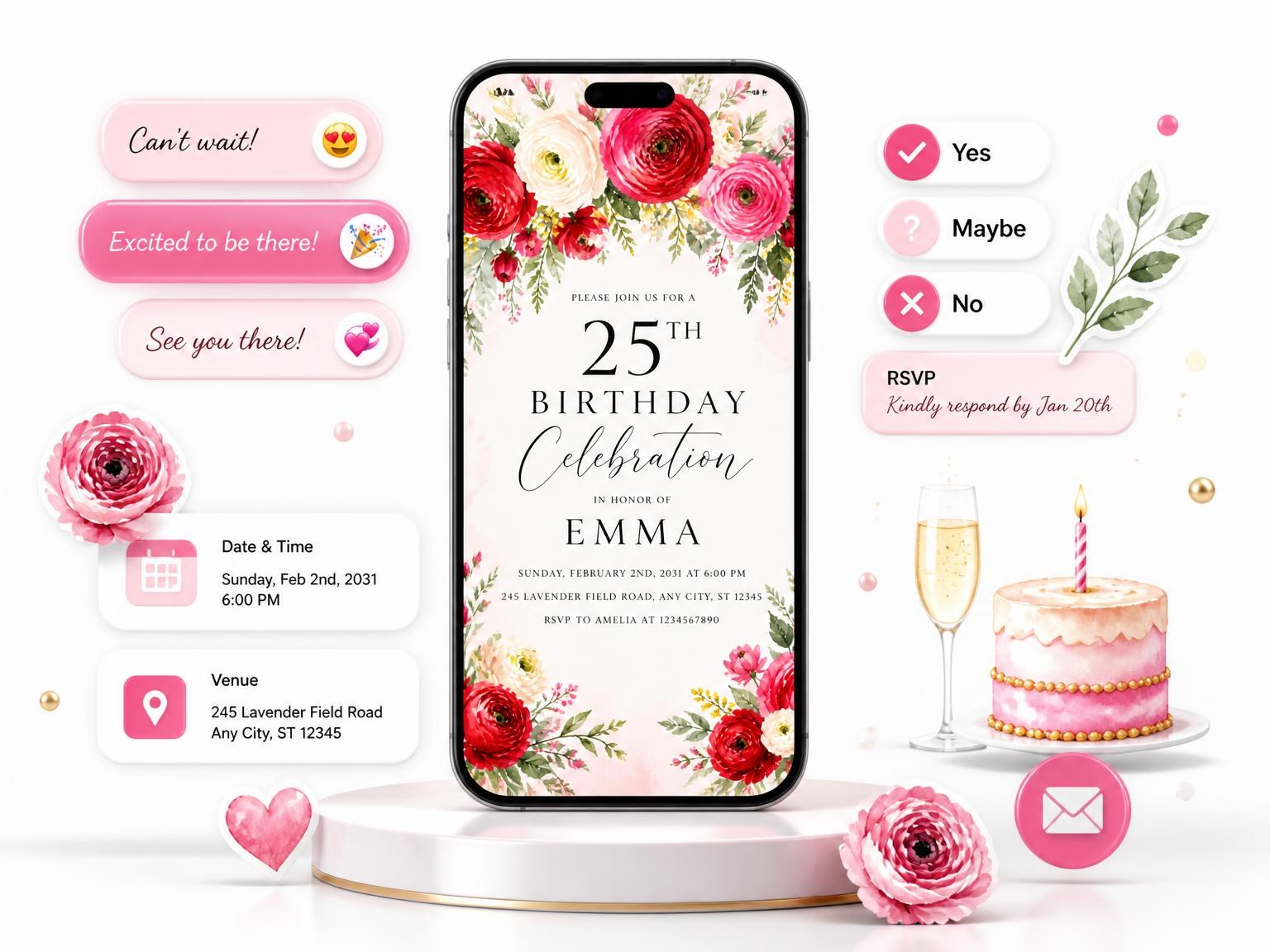 The Rose Blooms Scarlet 25th Birthday Invitation invitation on a phone, with guest RSVPs arriving around it