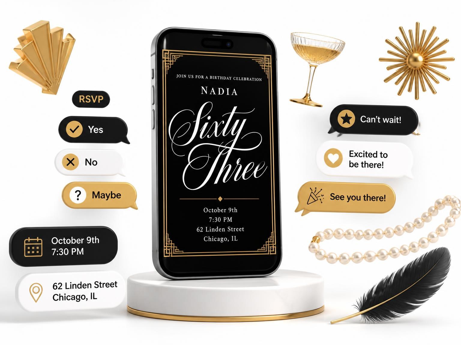 The Art Deco 63rd Birthday Invitation invitation on a phone, with guest RSVPs arriving around it