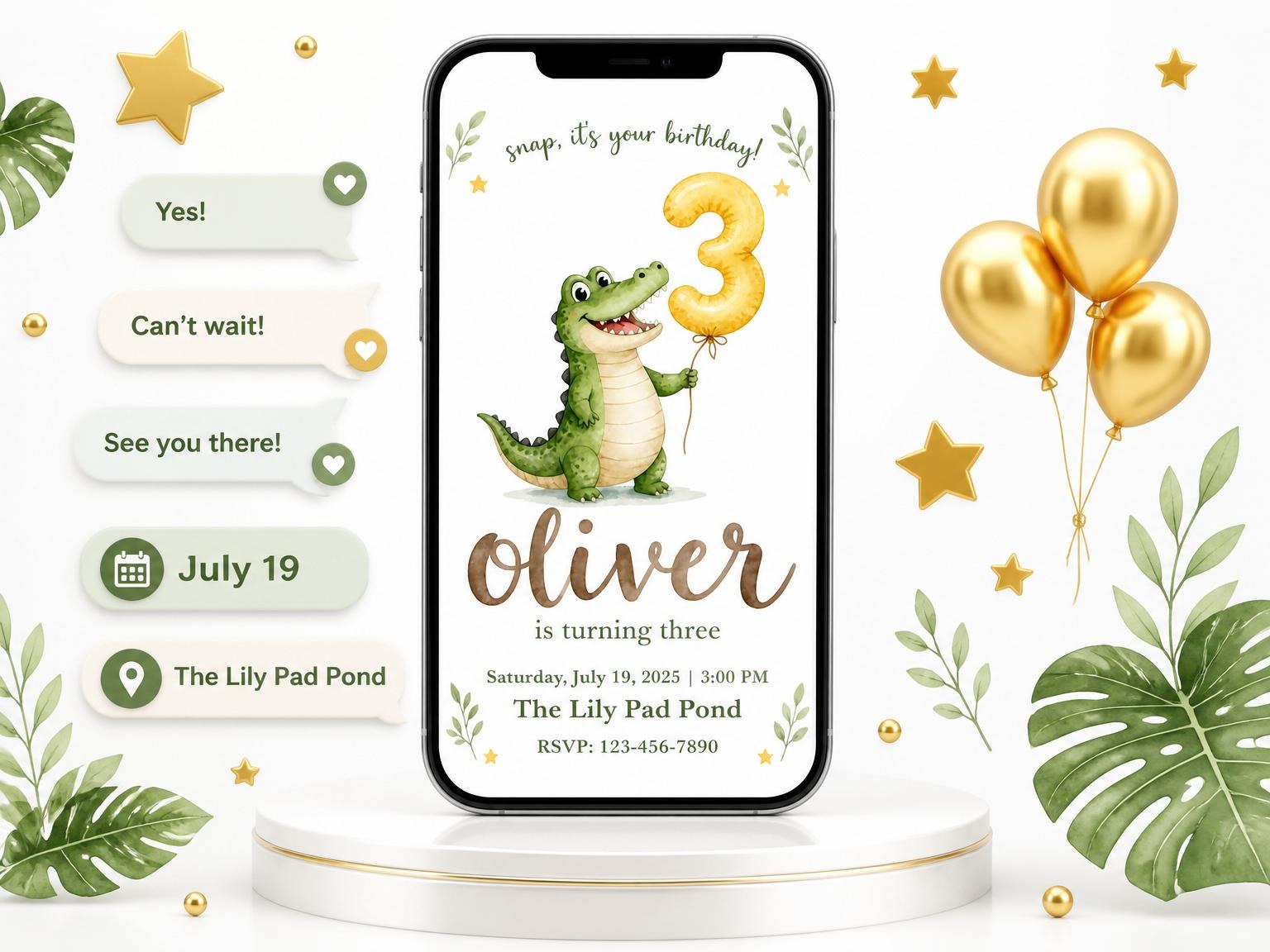 The Watercolor Crocodile Balloon 3rd Birthday invitation on a phone, with guest RSVPs arriving around it