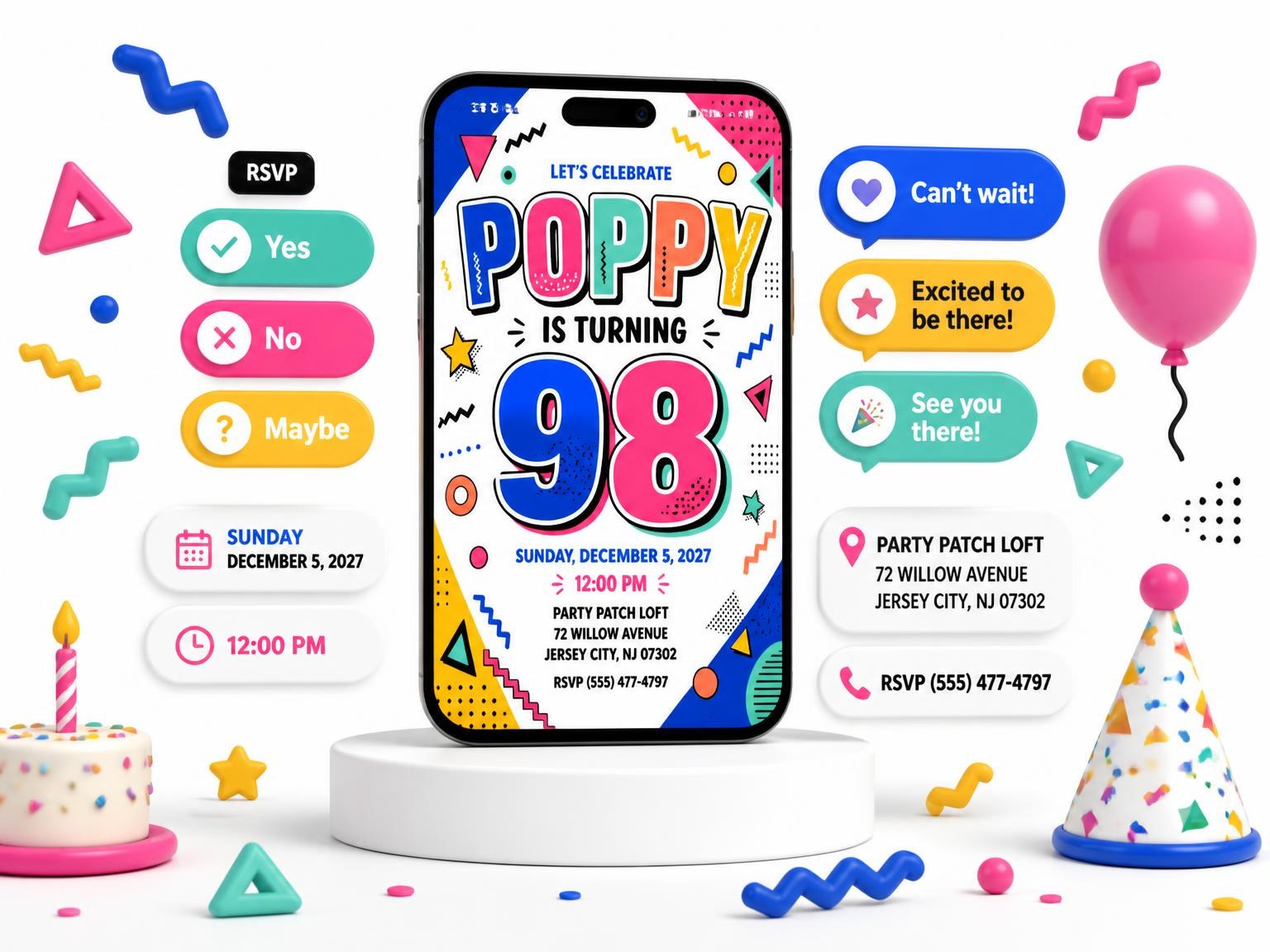 The Memphis Pop 98th Birthday Invitation invitation on a phone, with guest RSVPs arriving around it