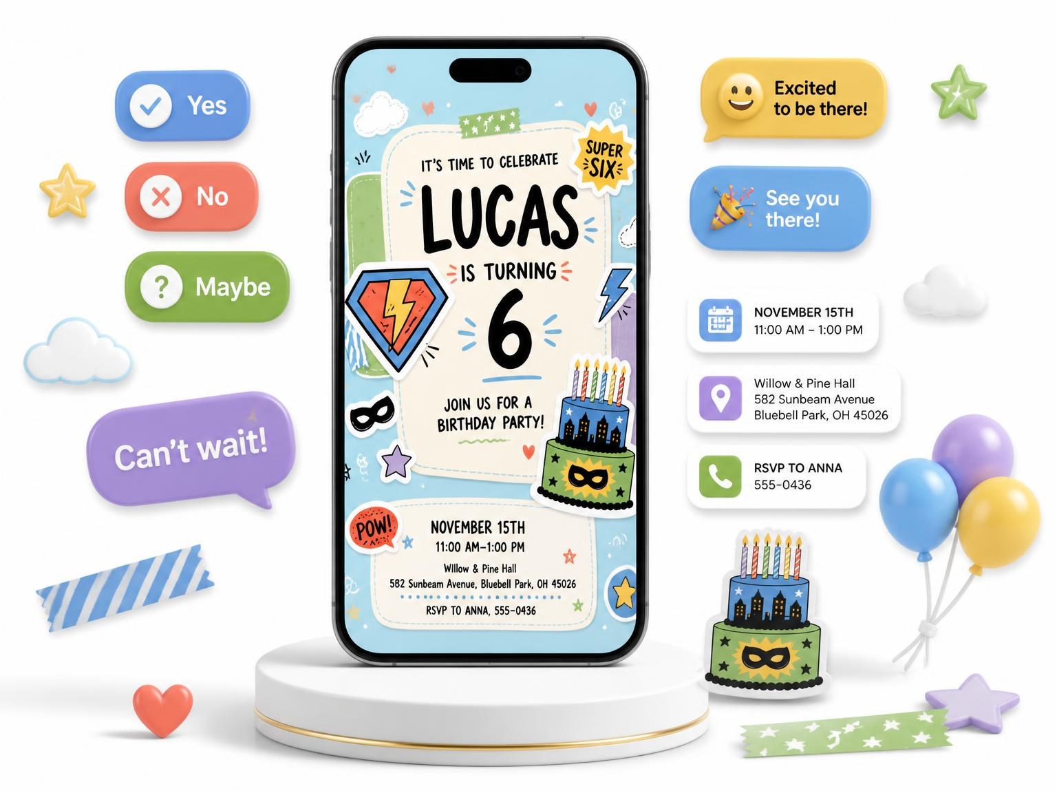 The Superhero Emblem Pastel 6th Birthday Invitation invitation on a phone, with guest RSVPs arriving around it