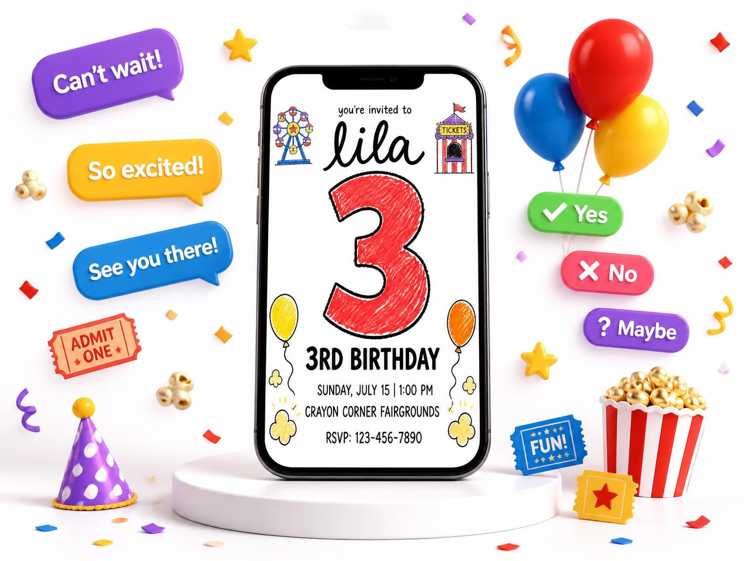 The Crayon Art Carnival 3rd Birthday invitation on a phone, with guest RSVPs arriving around it