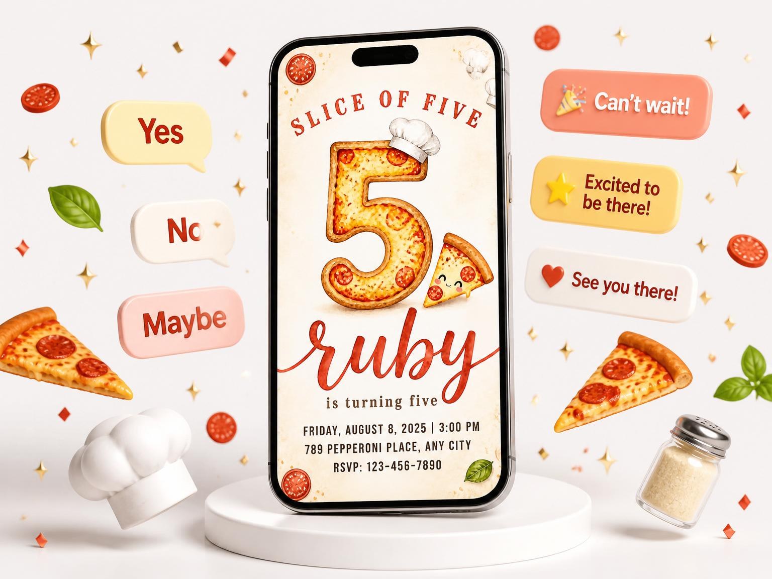 The Pepperoni Pizza Shaped 5th Birthday invitation on a phone, with guest RSVPs arriving around it
