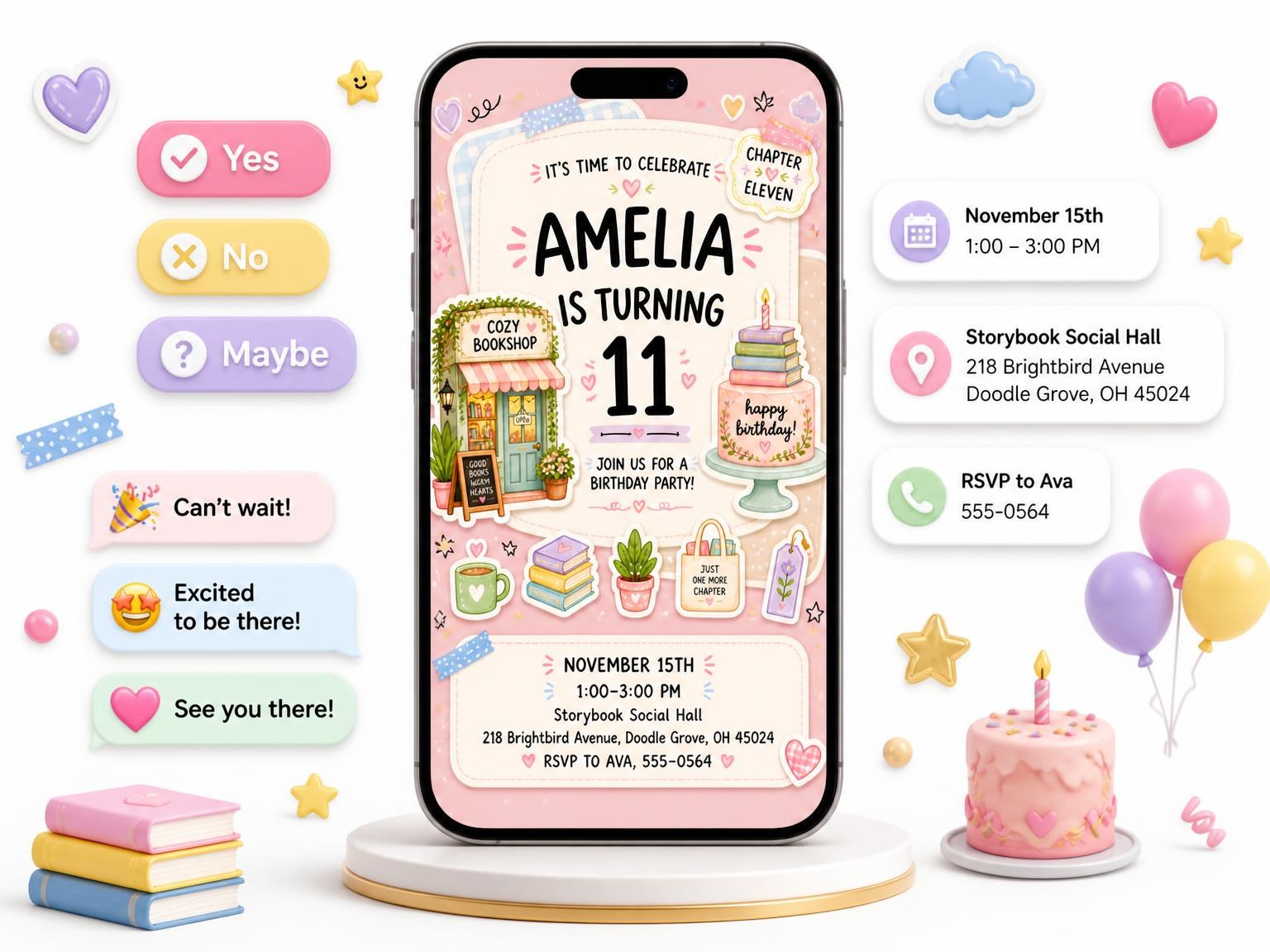 The Cozy Bookshop Pastel 11th Birthday Invitation invitation on a phone, with guest RSVPs arriving around it