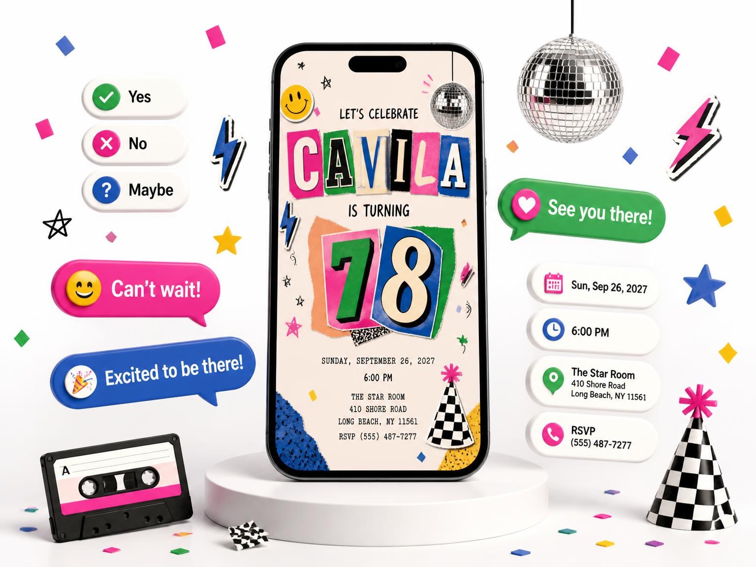 The Retro Paper Collage 78th Birthday Invitation invitation on a phone, with guest RSVPs arriving around it