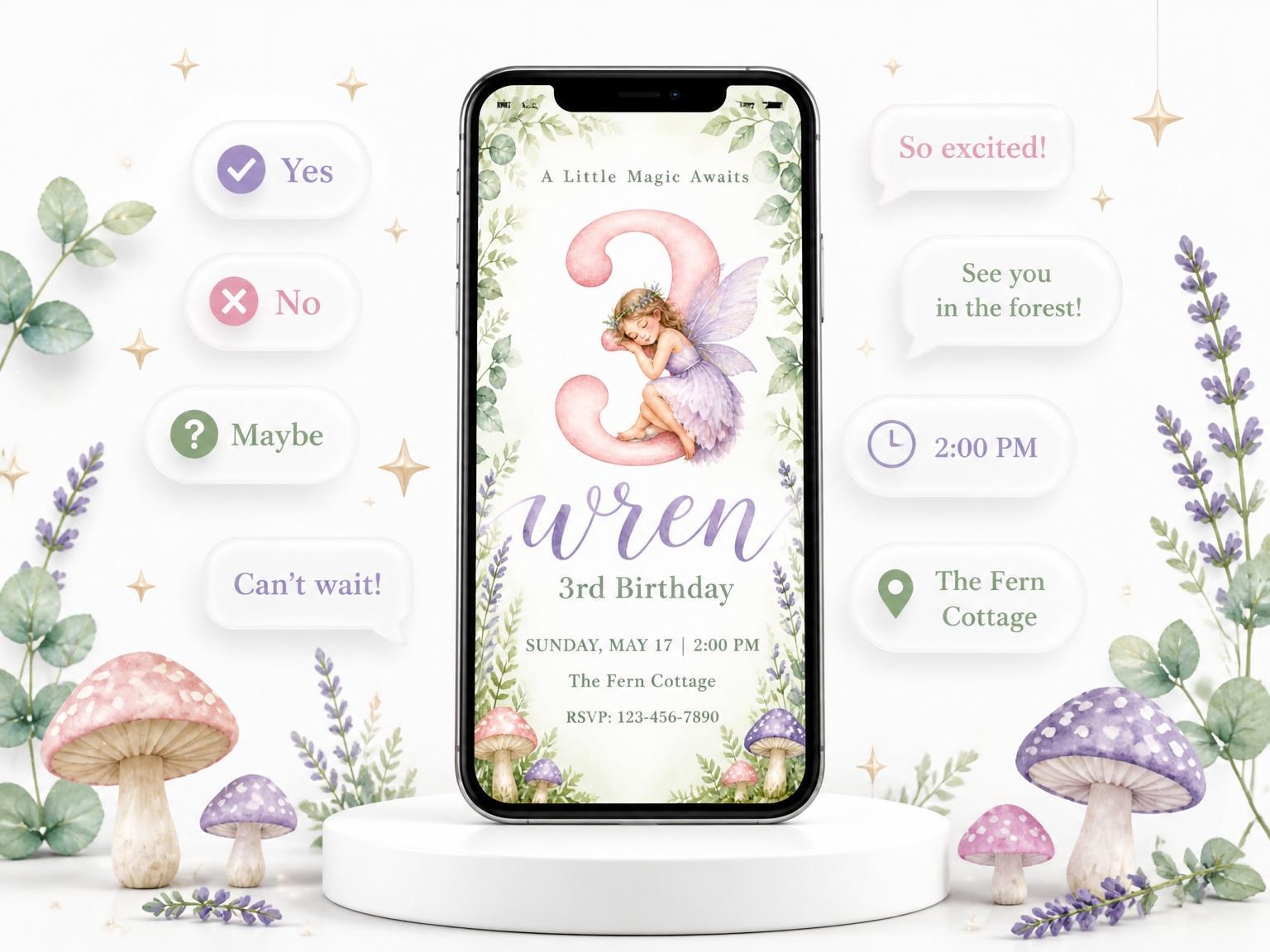 The Watercolor Fairy Forest 3rd Birthday invitation on a phone, with guest RSVPs arriving around it