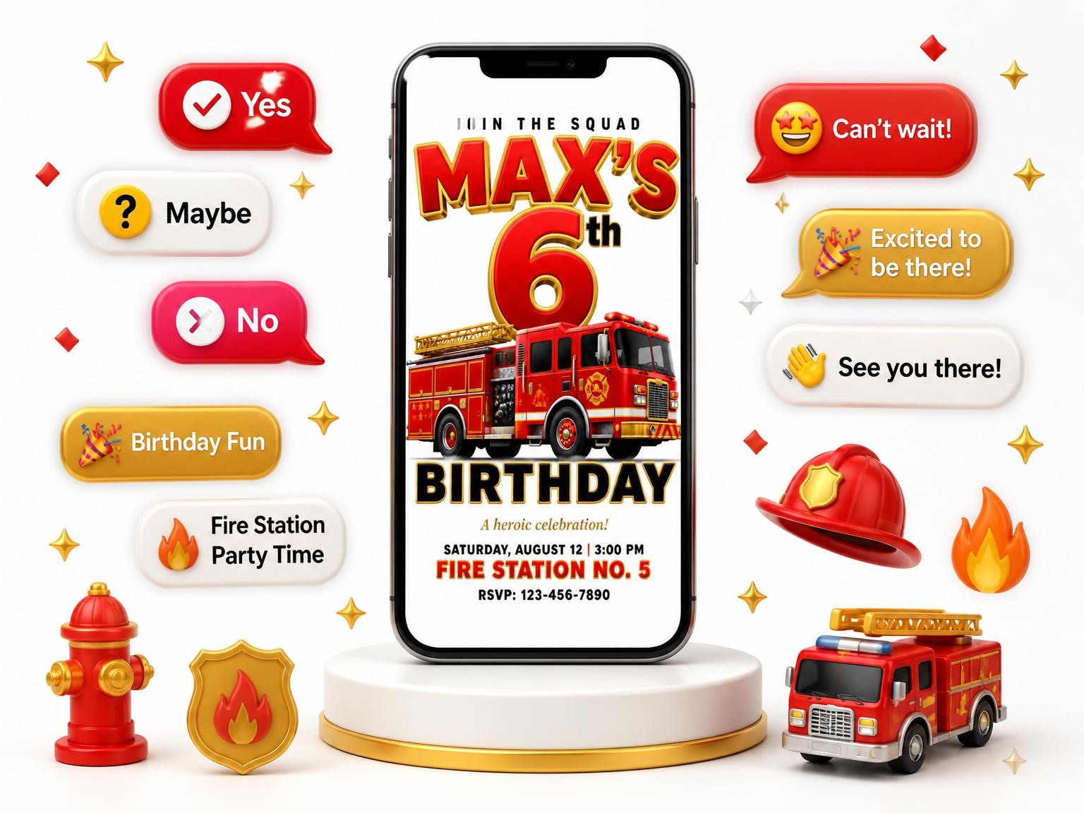 The 3D Fire Truck 6th Birthday Invitation invitation on a phone, with guest RSVPs arriving around it