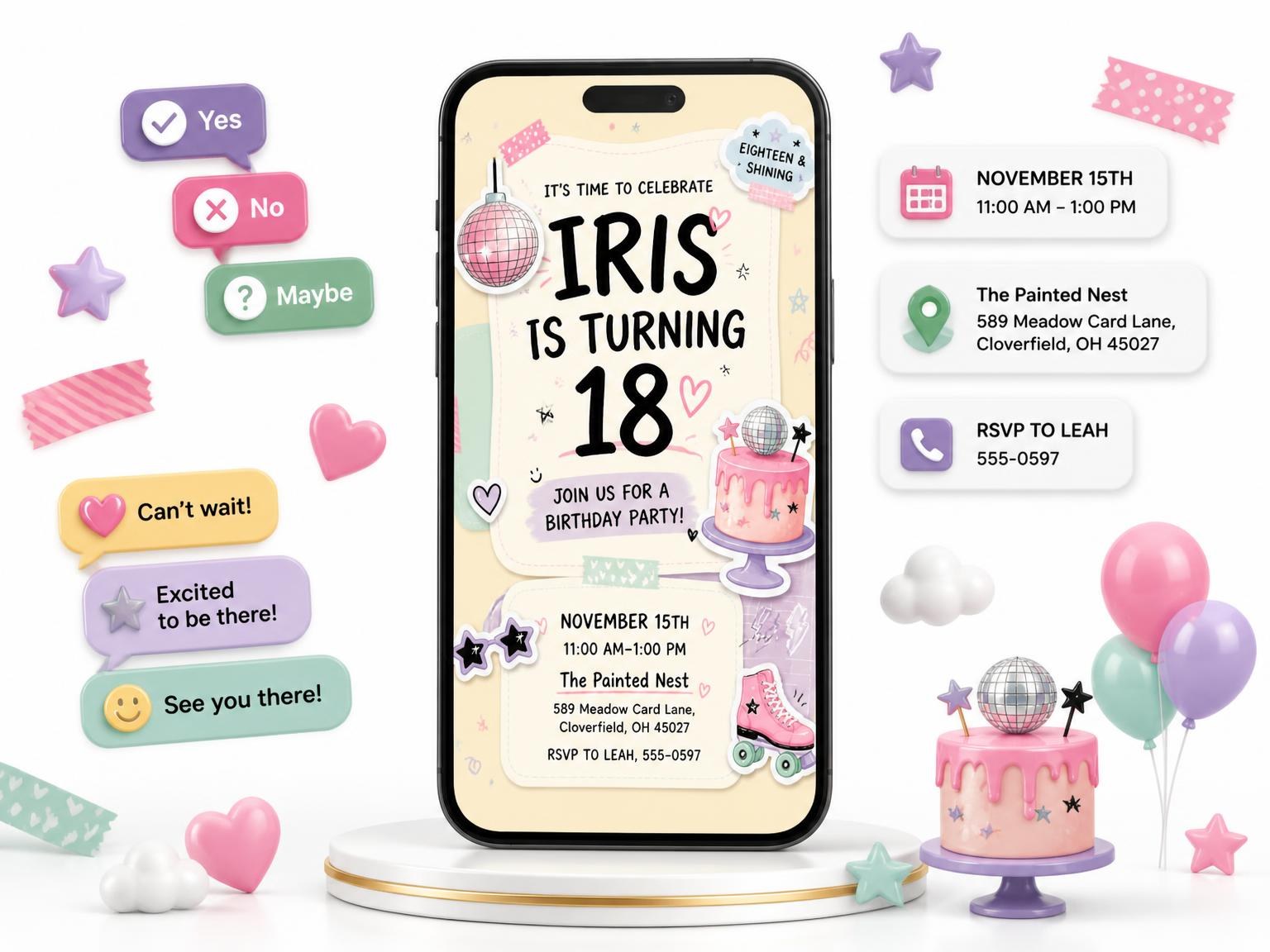 The Disco Ball Pastel 18th Birthday Invitation invitation on a phone, with guest RSVPs arriving around it