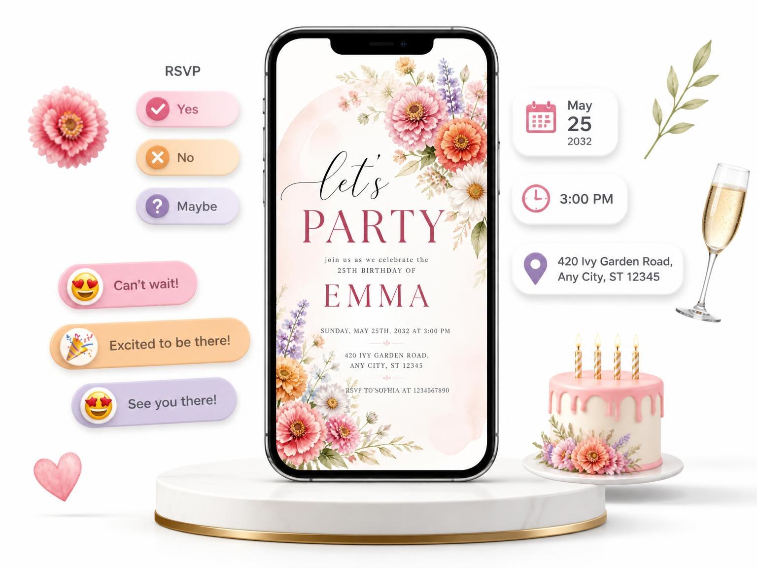 The Pastel Zinnia Daisy Arch 25th Birthday Invitation invitation on a phone, with guest RSVPs arriving around it