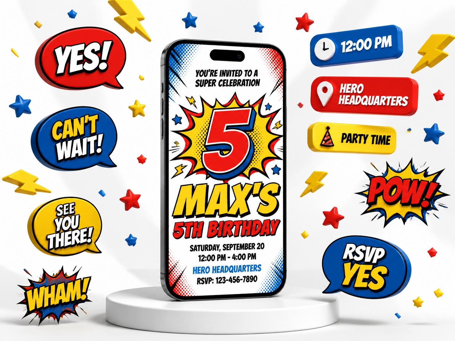 The Primary Color Pop-Art 5th Birthday invitation on a phone, with guest RSVPs arriving around it
